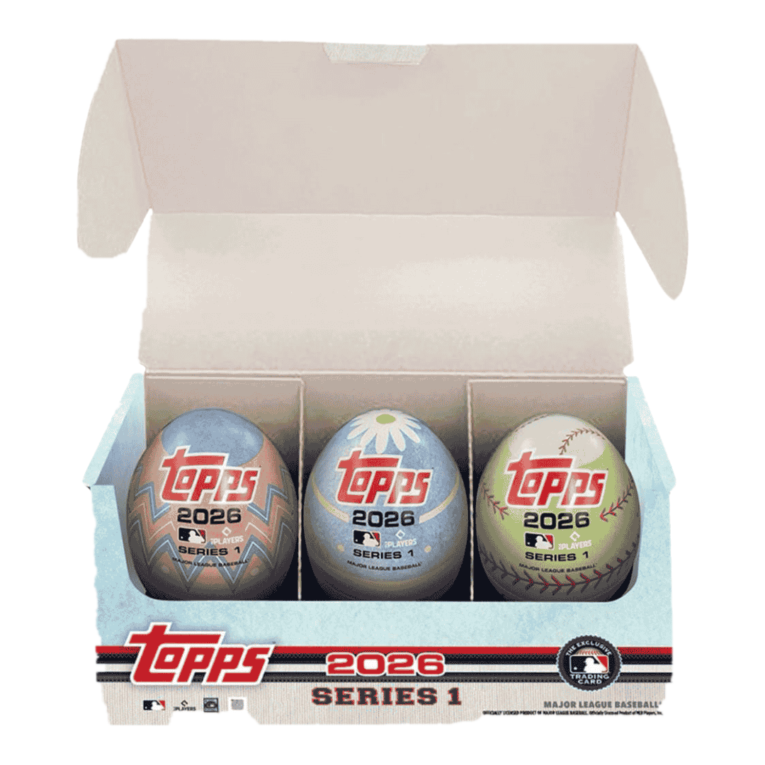 An open box containing three decorative baseball-themed eggs branded with 2026 Topps Series 1.