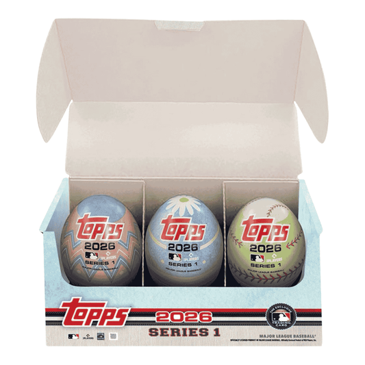 An open box containing three decorative baseball-themed eggs branded with 2026 Topps Series 1.