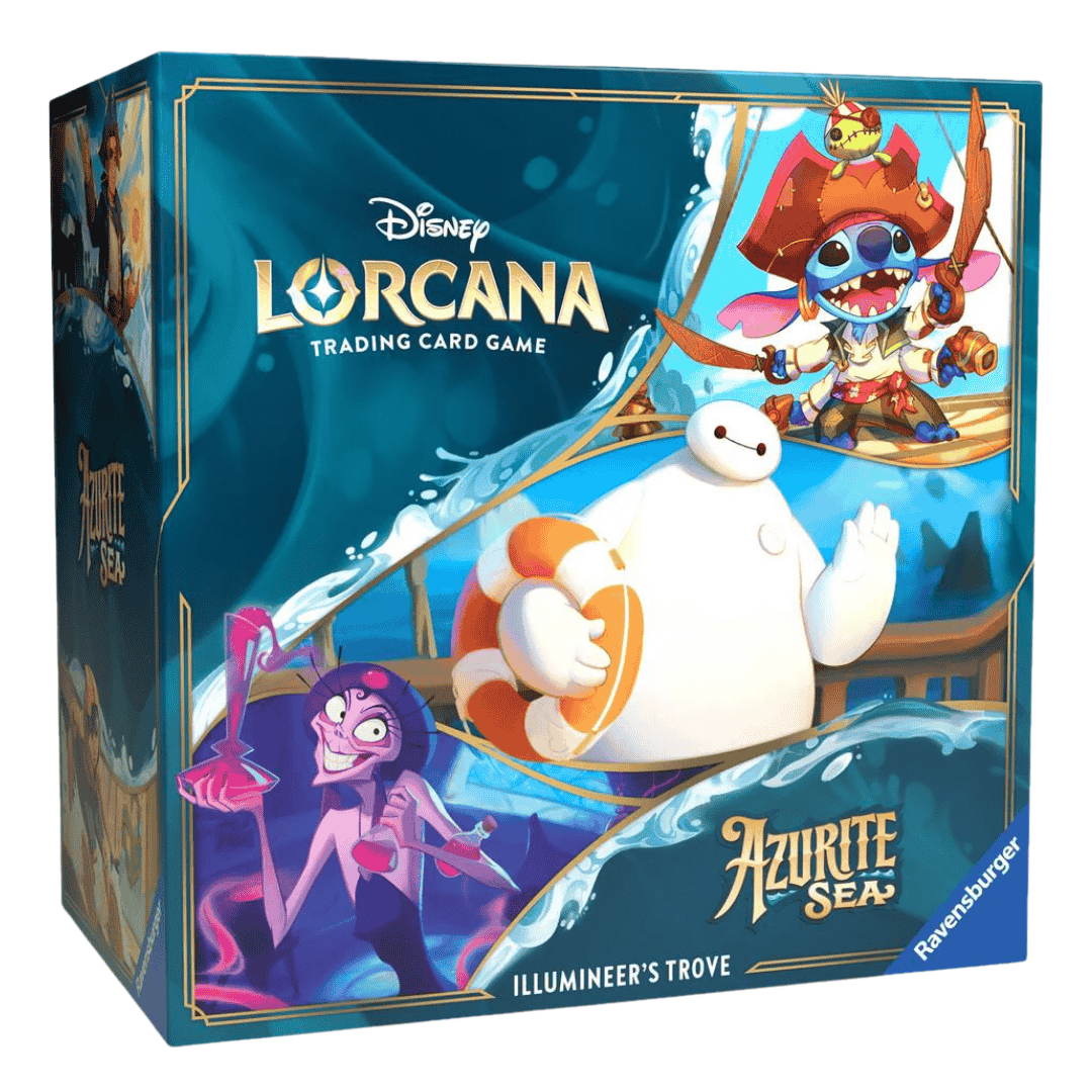 Disney Lorcana Azurite Sea Trove box featuring Stitch, Baymax, and Yzma on the packaging.