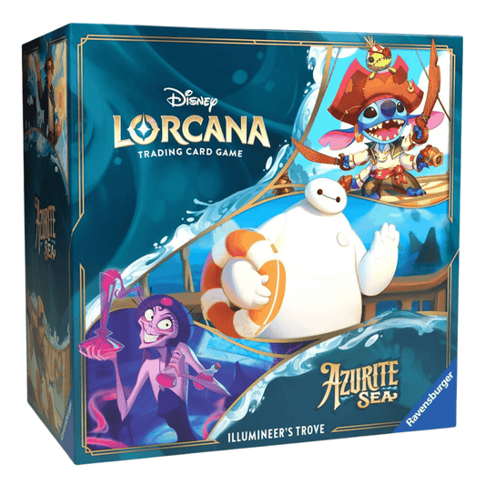Disney Lorcana Azurite Sea Trove box featuring Stitch, Baymax, and Yzma on the packaging.