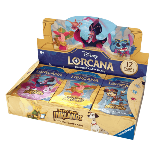 A Disney Lorcana Into the Inklands booster box containing multiple trading card packs.