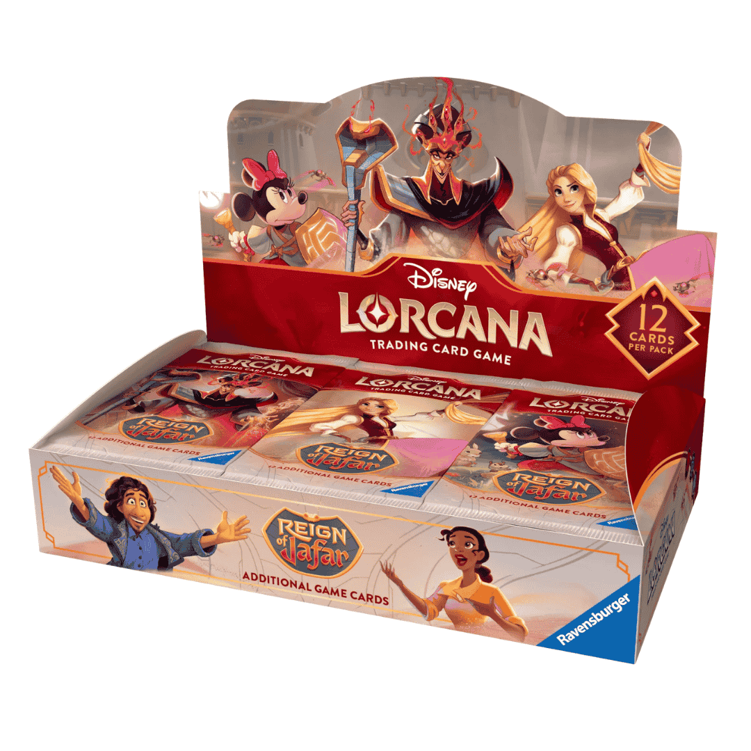 A Disney Lorcana Reign of Jafar booster box featuring character artwork and twelve card packs.