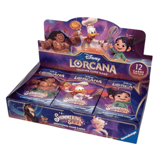 A Disney Lorcana Shimmering Skies booster box featuring character artwork on the display.