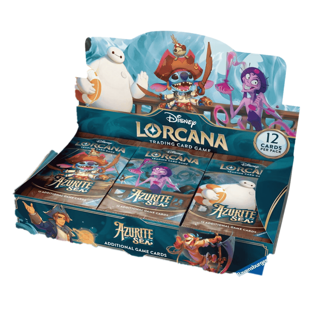 A Disney Lorcana Azurite Sea booster box featuring Baymax, Stitch, and Yzma on the packaging.