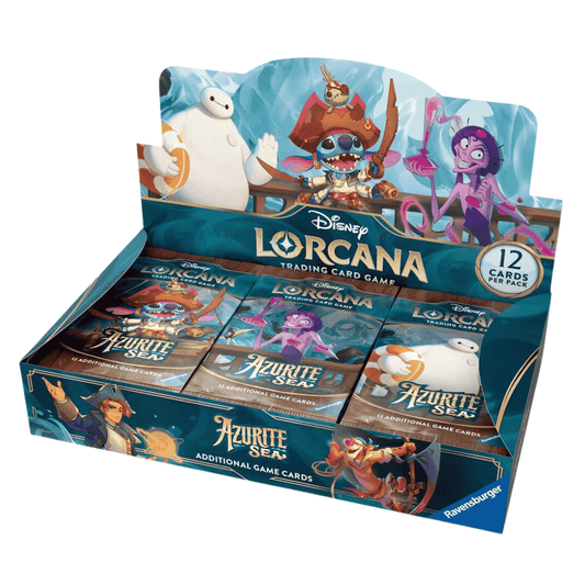 A Disney Lorcana Azurite Sea booster box featuring Baymax, Stitch, and Yzma on the packaging.