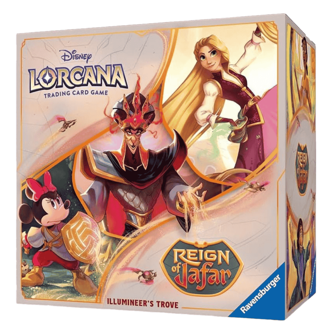 A Lorcana Reign of Jafar Illumineer's Trove storage box featuring Jafar, Rapunzel, and Minnie Mouse.