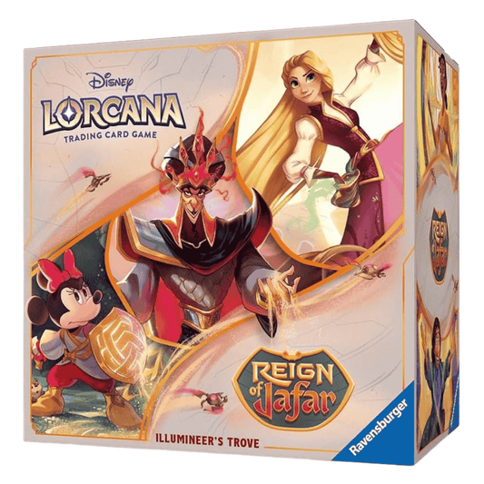 A Lorcana Reign of Jafar Illumineer's Trove storage box featuring Jafar, Rapunzel, and Minnie Mouse.