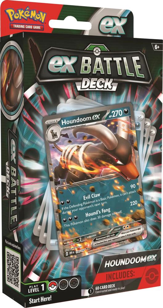 A Houndoom ex Battle Deck box featuring the Houndoom ex trading card on the front.