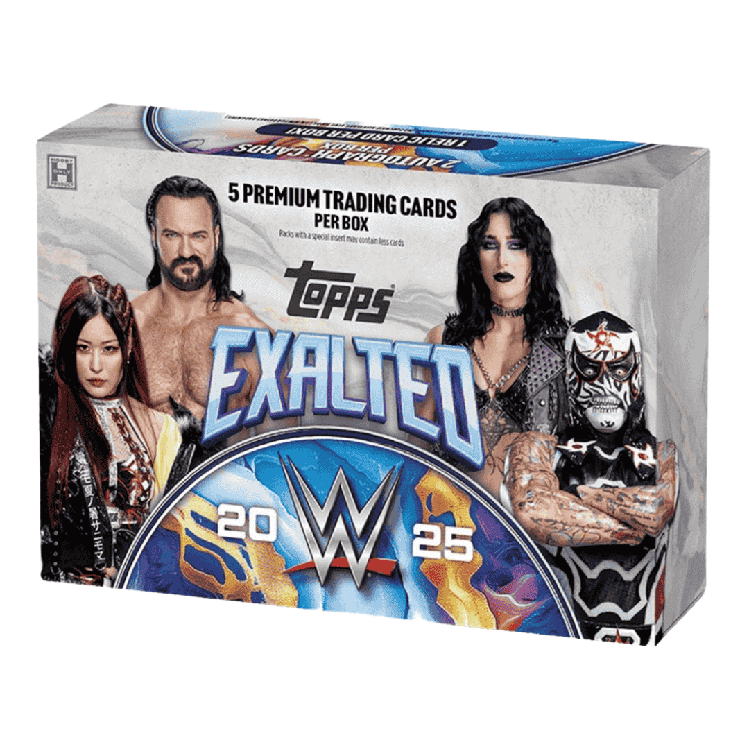 A 2025 Topps WWE Exalted hobby box featuring images of professional wrestlers on the packaging.