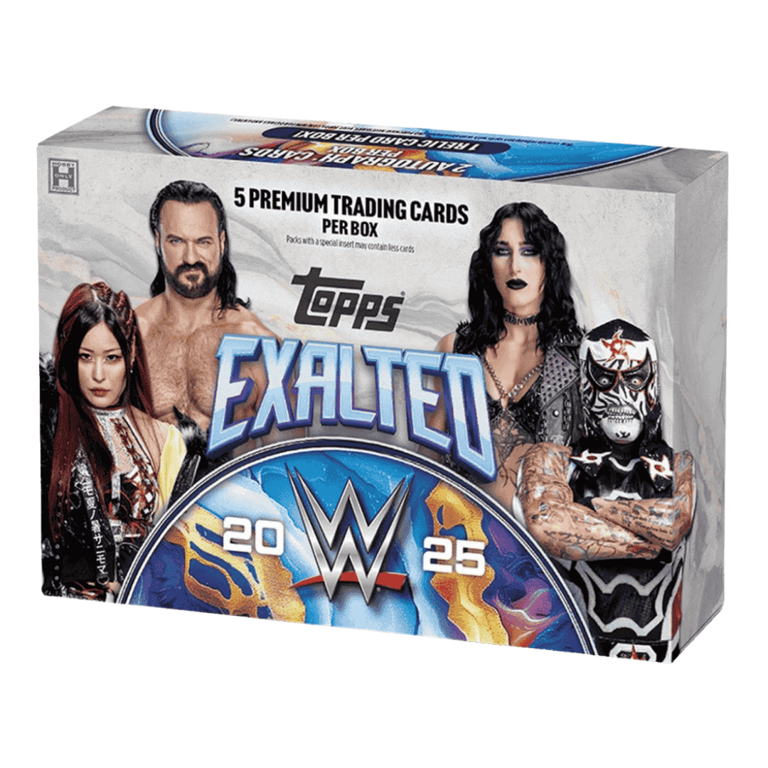 A 2025 Topps WWE Exalted hobby box featuring images of professional wrestlers on the packaging.