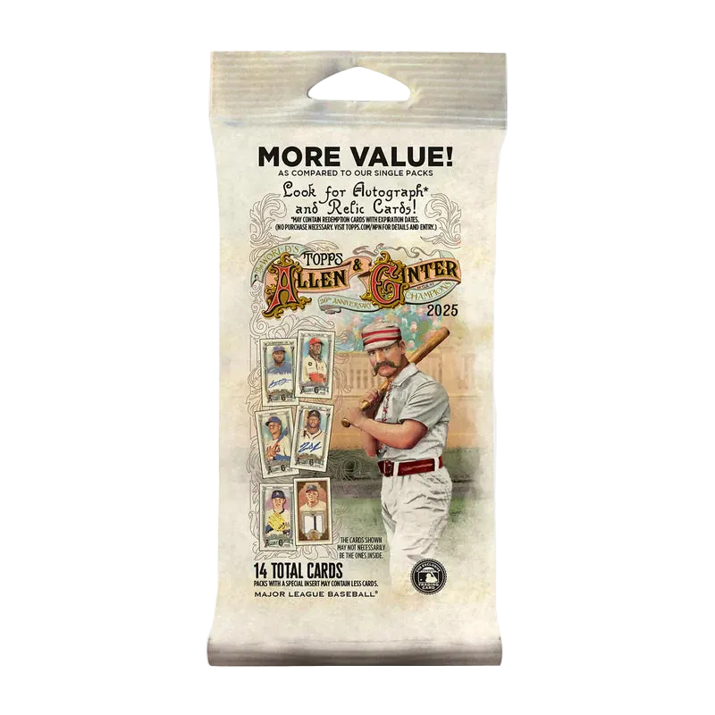 A 2025 Topps Allen and Ginter baseball card fat pack featuring vintage-style artwork.