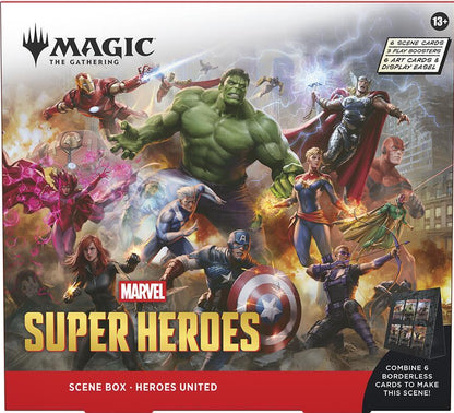 Box of 'Magic: The Gathering' featuring Marvel Super Heroes with various characters in action poses.
