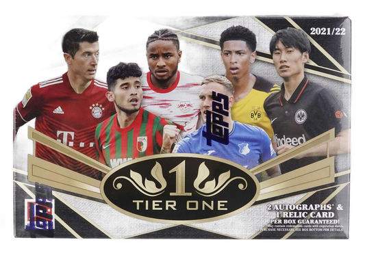 A 2021-22 Topps Tier One Bundesliga soccer hobby box featuring various players on the cover.