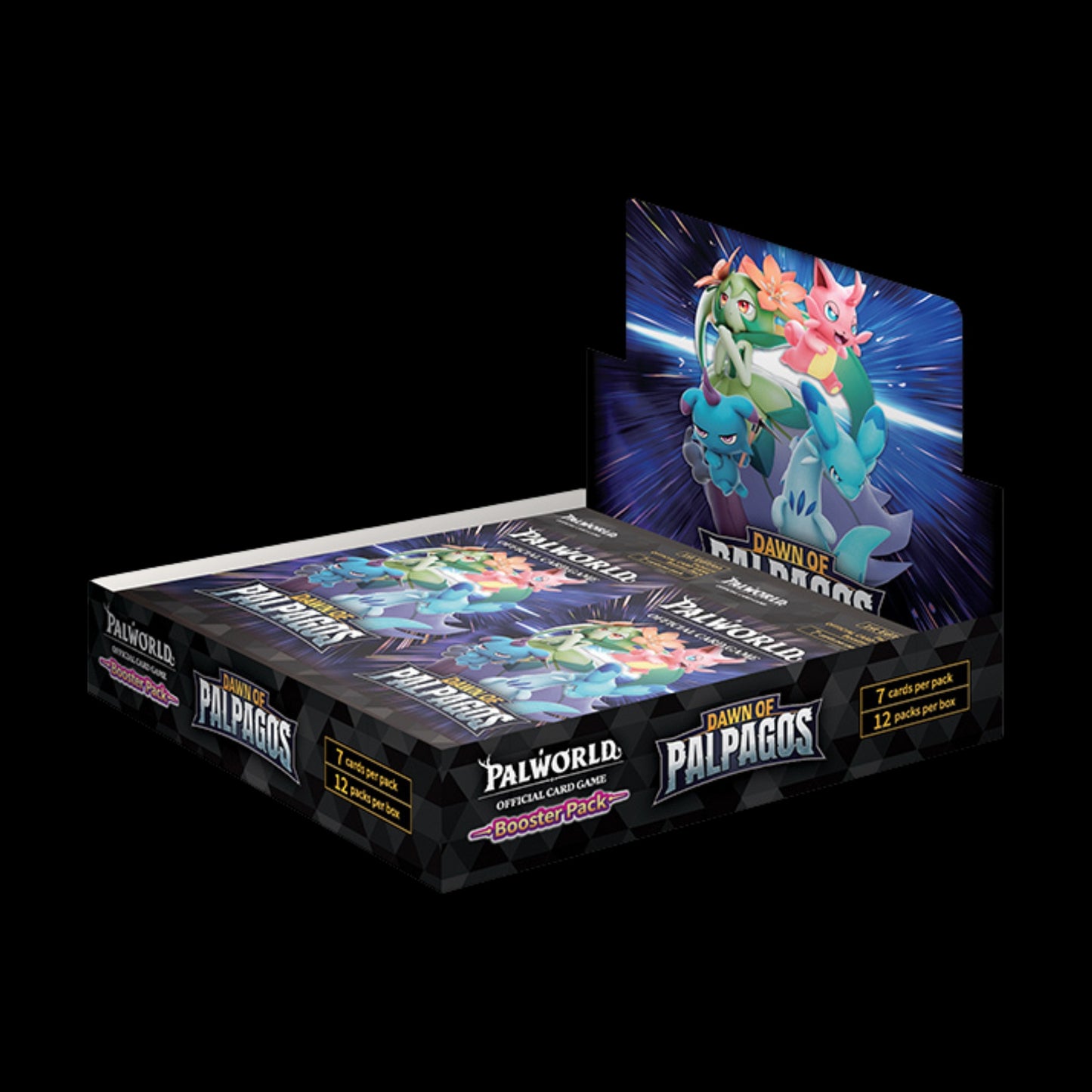 Palworld Dawn of Palpagos 1st Edition booster box display, 12 packs