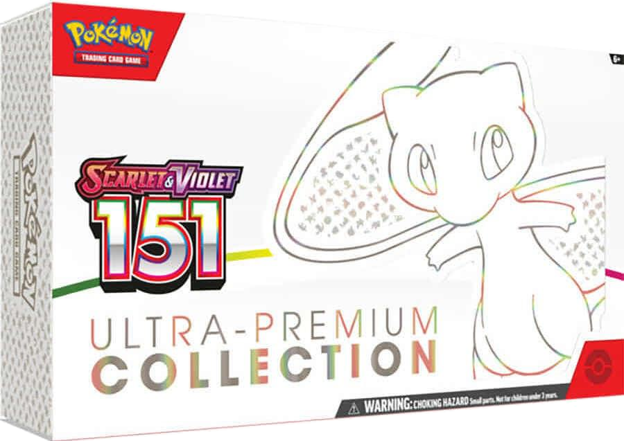 A white Pokemon Scarlet and Violet 151 Ultra Premium Collection box featuring an illustration of Mew.