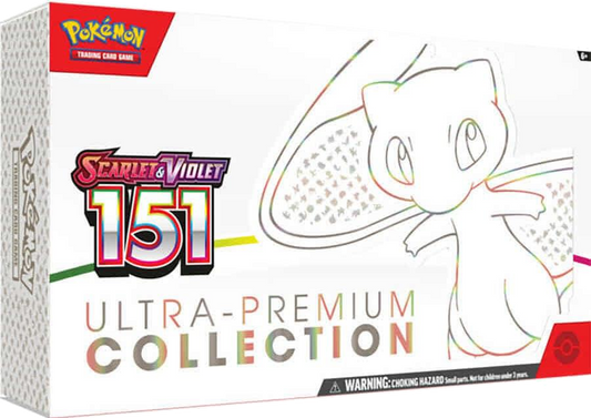 A white Pokemon Scarlet and Violet 151 Ultra Premium Collection box featuring an illustration of Mew.