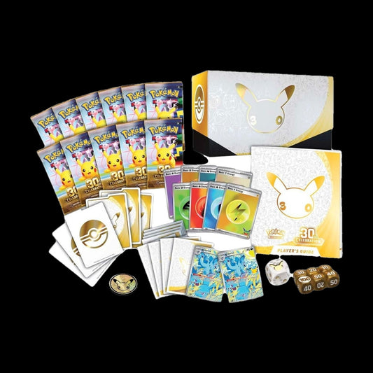 Pokemon 30th Celebration Pokemon Center Elite Trainer Box contents - 11 packs, 2 Nidorina promos, sleeves, dice