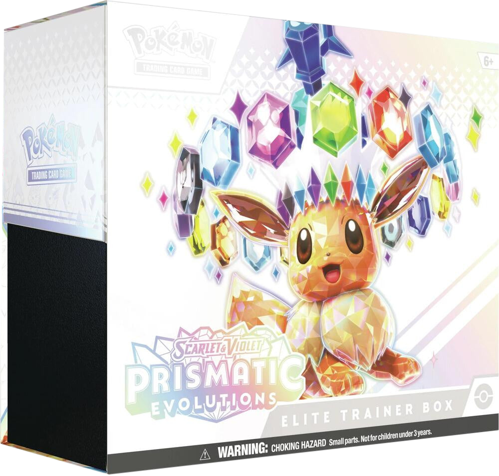 A Pokemon Prismatic Evolutions Elite Trainer Box featuring a crystalline Eevee on the cover.