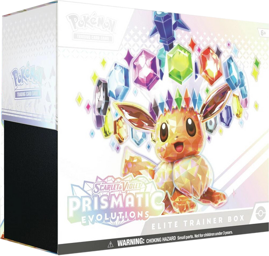 A Pokemon Prismatic Evolutions Elite Trainer Box featuring a crystalline Eevee on the cover.