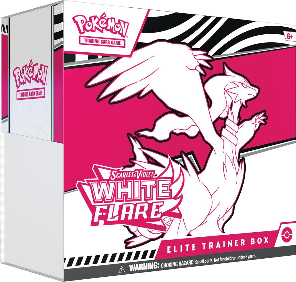 A Pokemon White Flare Elite Trainer Box featuring a stylized white Reshiram on a pink background.