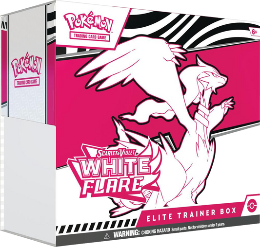 A Pokemon White Flare Elite Trainer Box featuring a stylized white Reshiram on a pink background.