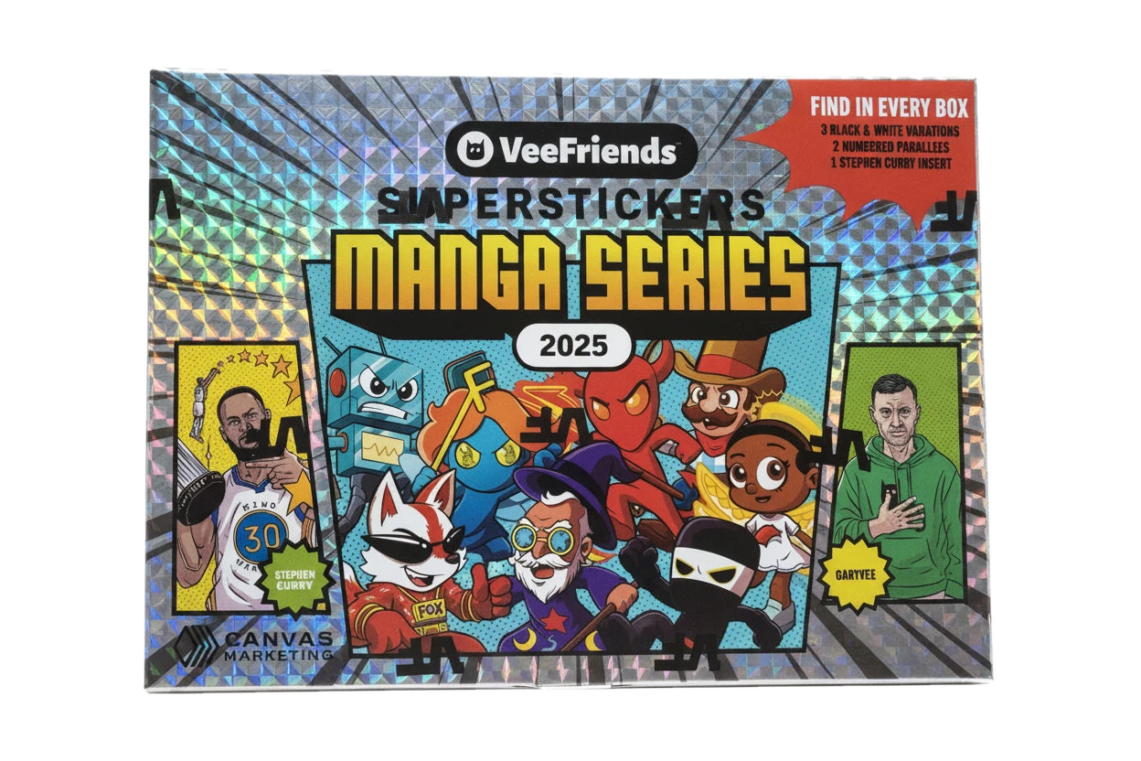 A 2025 VeeFriends Super Stickers Manga Series hobby box featuring illustrated characters.