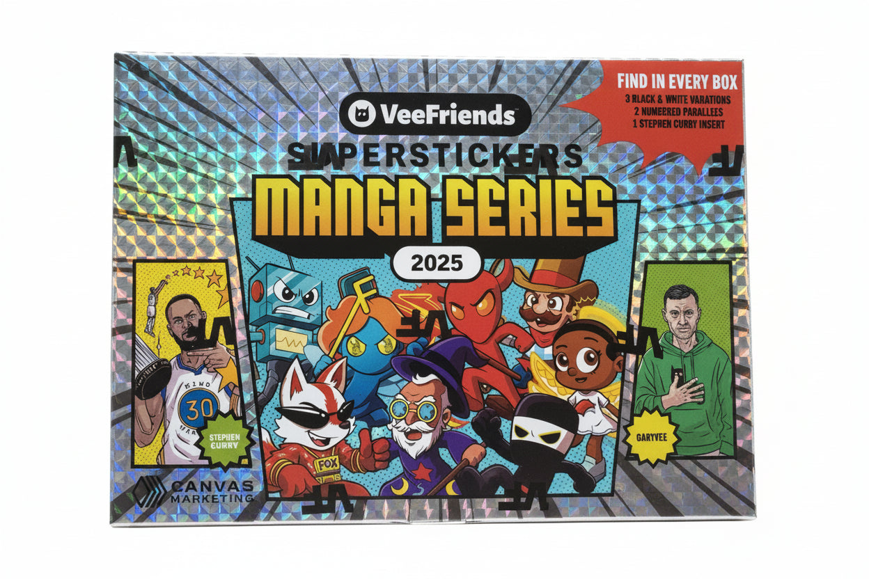 A 2025 VeeFriends Super Stickers Manga Series hobby box featuring illustrated characters.