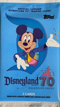 A blue Topps Disneyland 70th Anniversary trading card pack featuring Mickey Mouse.