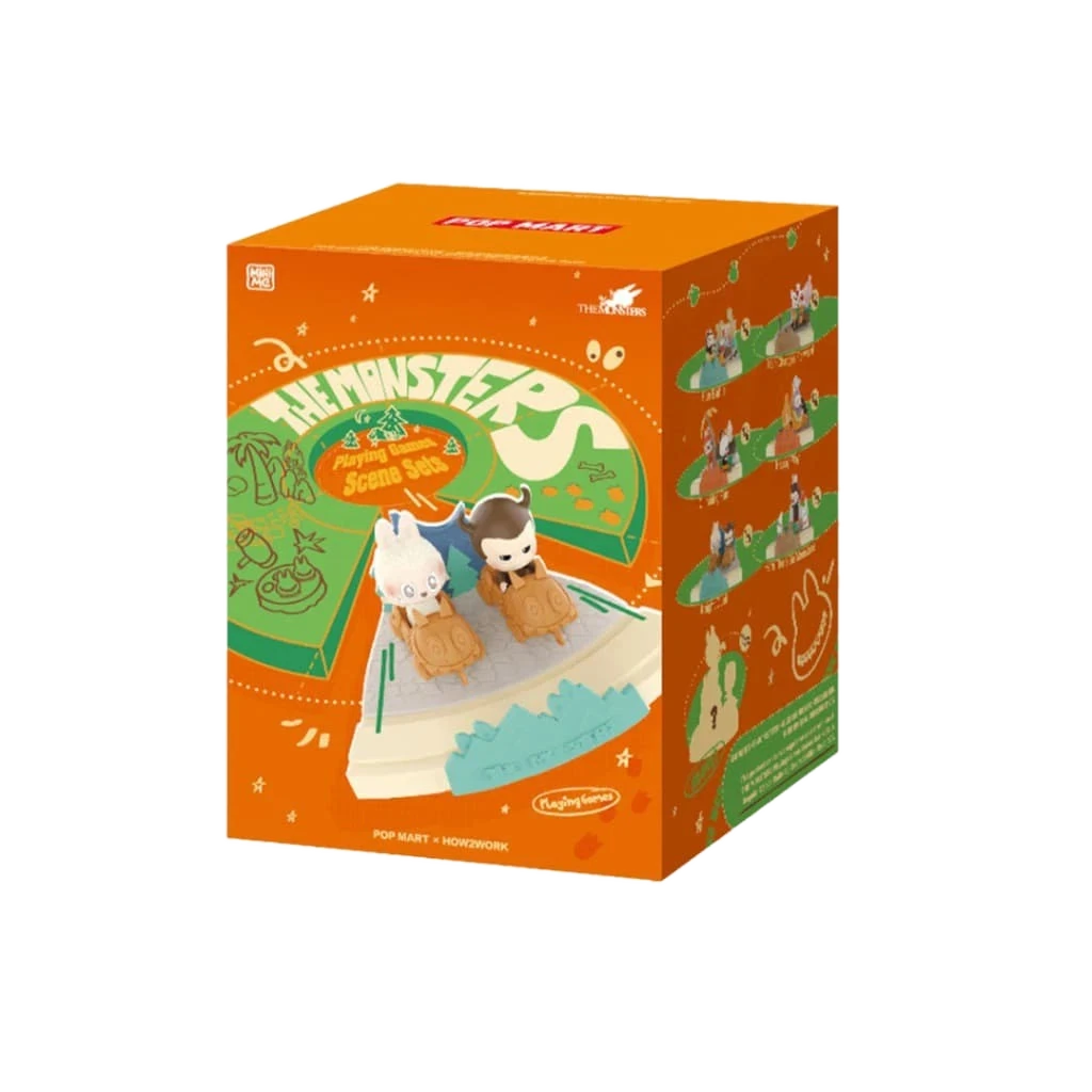 A box for The Monsters Playing Games series featuring two character figures on a display base.