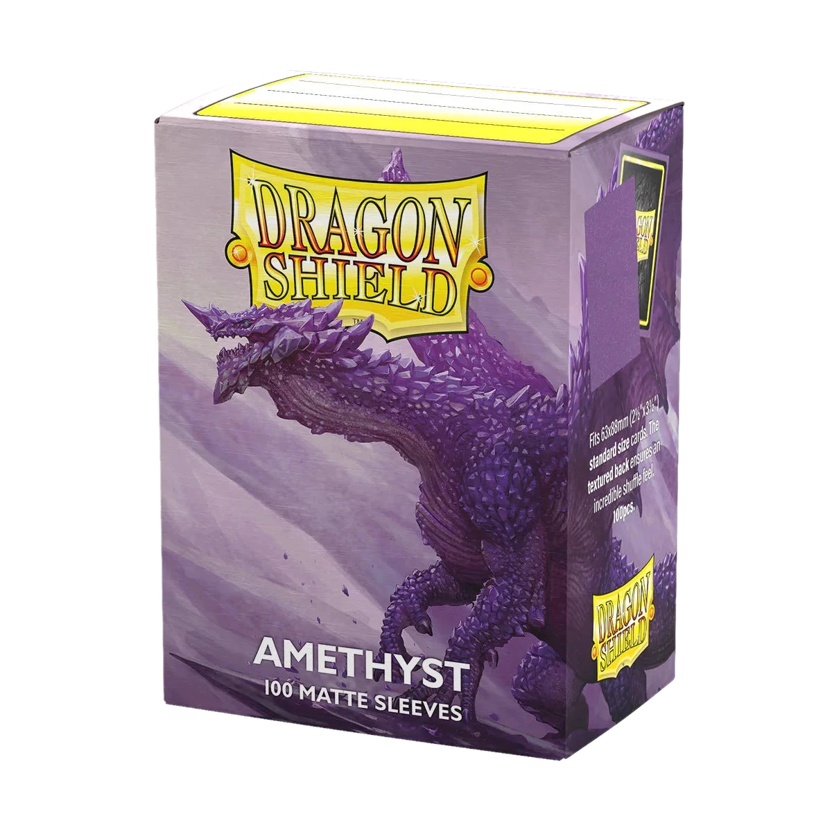 A box of 100 Dragon Shield Amethyst matte card sleeves featuring a purple dragon illustration.
