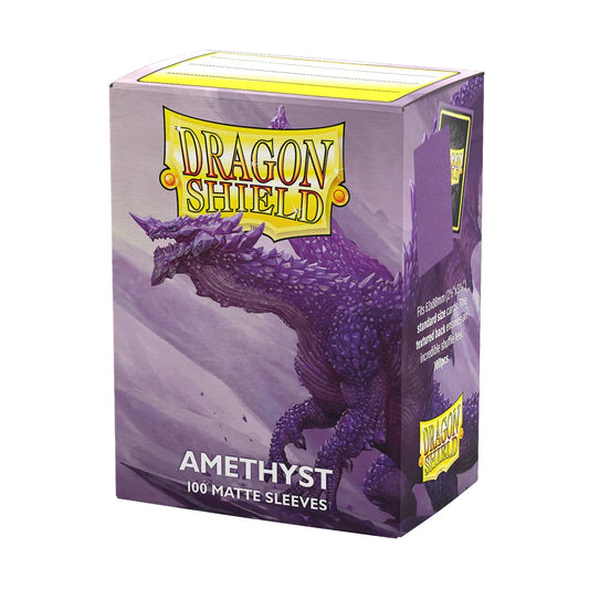 A box of 100 Dragon Shield Amethyst matte card sleeves featuring a purple dragon illustration.