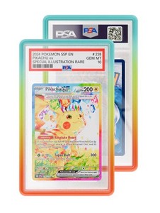 A PSA-graded Pikachu trading card inside a colorful, gradient-bordered protective display case.