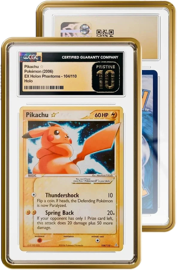 A gold-framed protective display case holding a CGC-graded Pikachu Gold Star trading card.