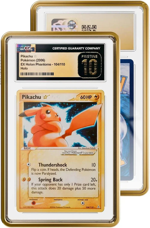 A gold-framed protective display case holding a CGC-graded Pikachu Gold Star trading card.