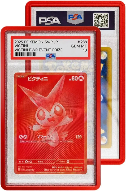 A crimson red protective case for a PSA graded Victini Pokemon card.