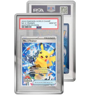A silver protective case for a PSA graded Pokemon card featuring Pikachu.