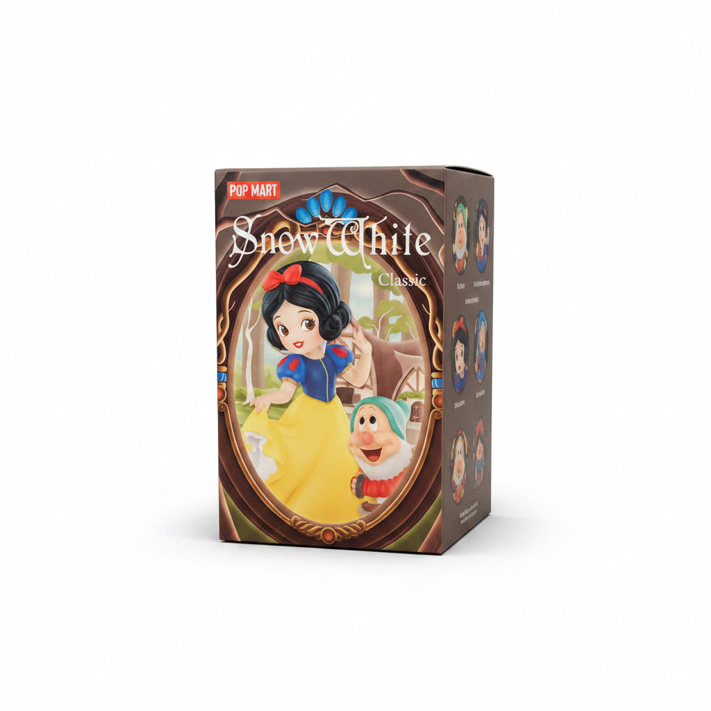 A Pop Mart Disney Snow White blind box featuring an illustration of Snow White and Dopey.