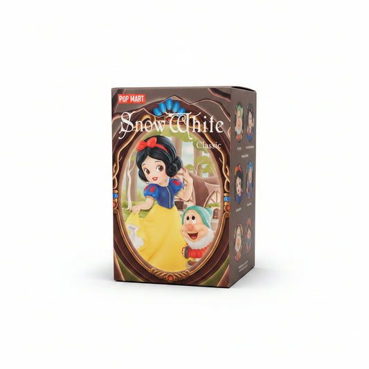 A Pop Mart Disney Snow White blind box featuring an illustration of Snow White and Dopey.