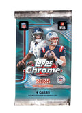 A 2025 Topps Chrome football trading card pack featuring two NFL players on the front.