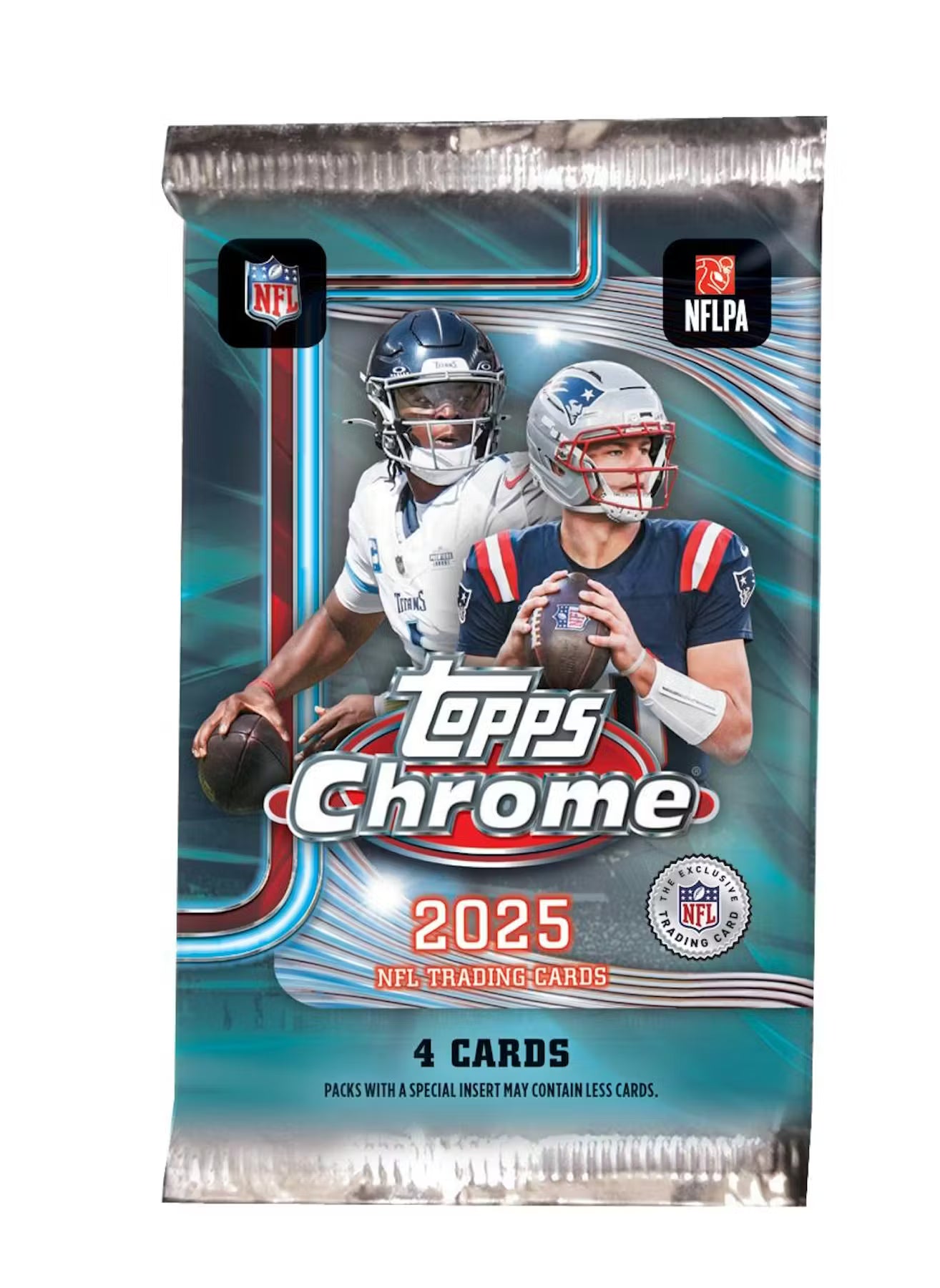 A 2025 Topps Chrome football trading card pack featuring two NFL players on the front.