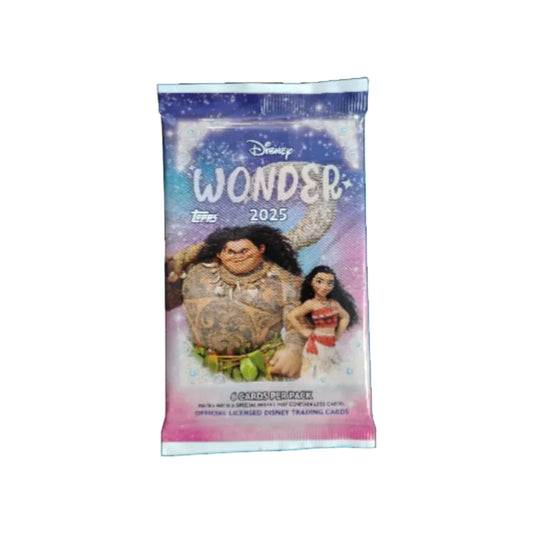 A 2025 Topps Disney Wonder trading card pack featuring Moana and Maui on the front.