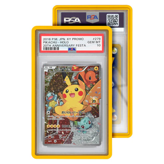 A yellow protective case for a PSA-graded Pokemon card featuring Pikachu.